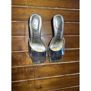 Calvin Klein Silver Metallic Square Toe Block Heel Mules Sandals Women Size 7.5